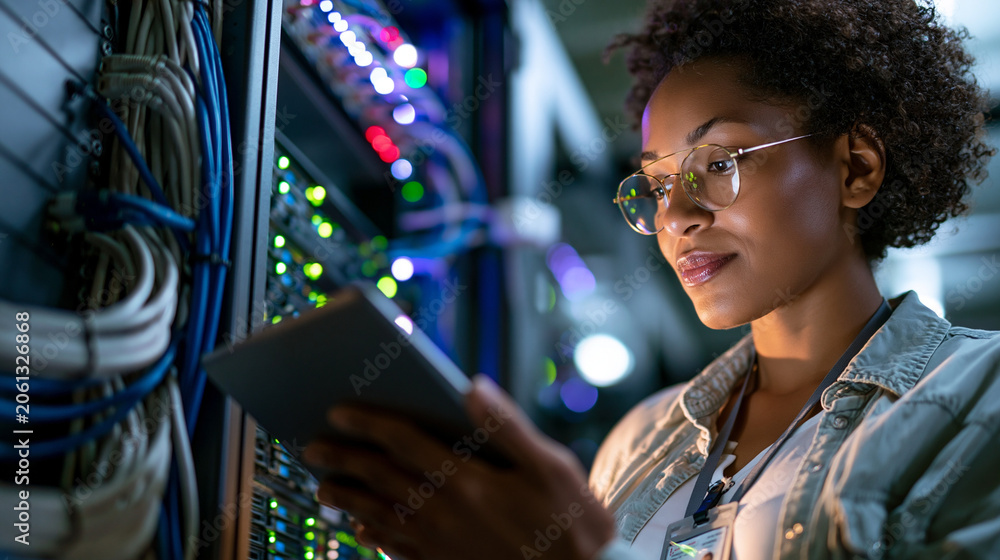 Obraz premium Female network engineer checking a server rack with a tablet, protective access badge visible, organized cables and LEDs around her, modern professional IT scene, network engineer, server