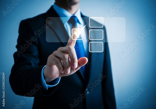Man in suit touching glowing checkmark on digital interface with options blue