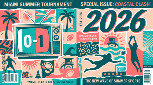 Konstfotografi Retro summer sports tournament poster, vintage 2026 coastal clash magazine cover