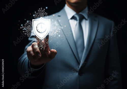 Man in suit touching glowing digital shield with clock inside finger