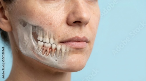 Medical illustration of human jaw anatomy revealing tooth root inflammation and periodontal disease