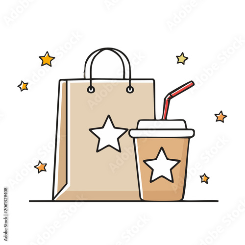 Flat design shopping bag and coffee cup with stars