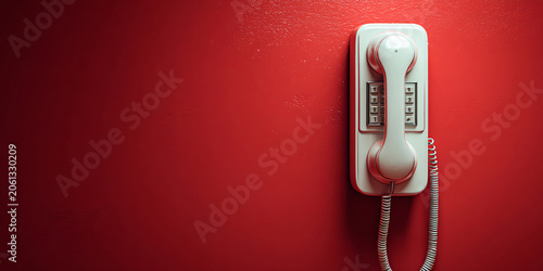 White Wall-Mounted Telephone with Cord on Red Wall