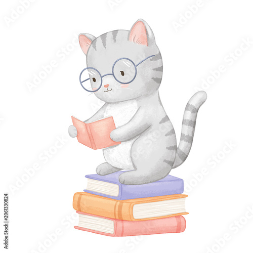 Cute cat with glasses is sitting and reading book on stack. Watercolor childish illustration isolated on white background