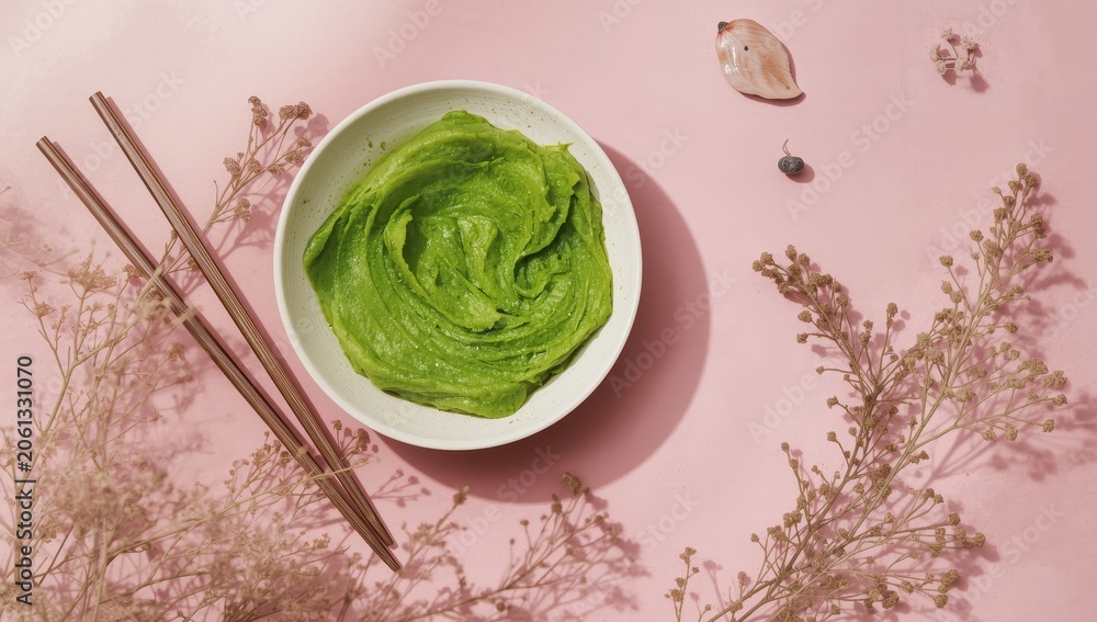 Obraz premium Dish of wasabi and chopsticks on a pink surface