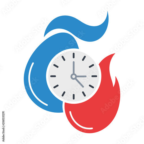 Clock icon surrounded by blue water droplet and red fire flame energy symbol