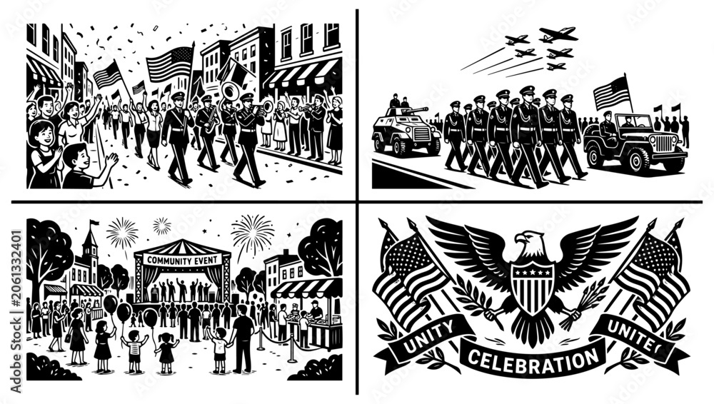 Fototapeta premium Vintage Military Parade Illustration with Soldiers and National Emblem in Monochrome Sketch Style