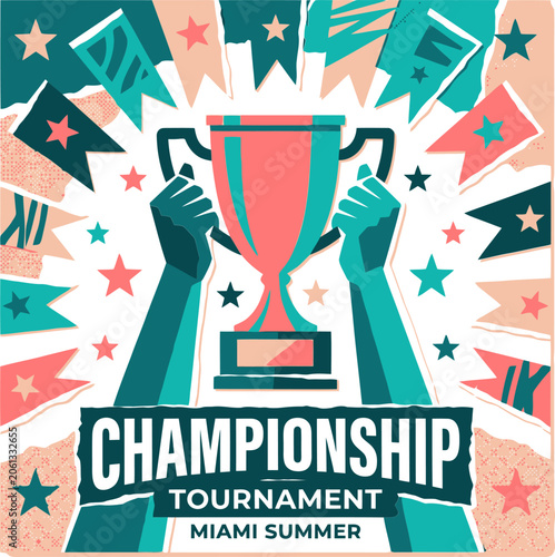 Canvas Print Retro Championship Tournament Poster with Trophy, Hands Holding Gold Cup Award,