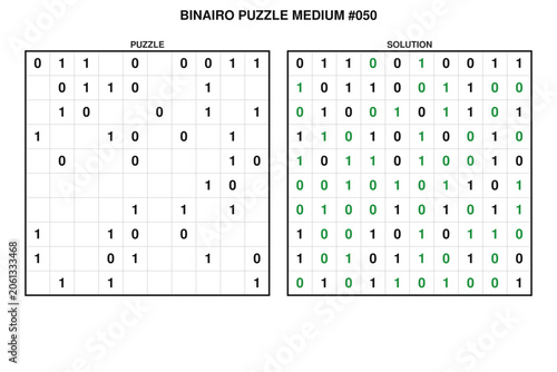 Binairo puzzle printable worksheet with solution.