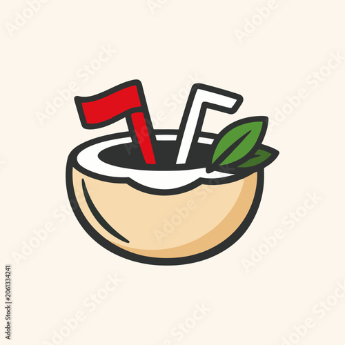 Tropical coconut drink with flag and straws, refreshing beach beverage concept