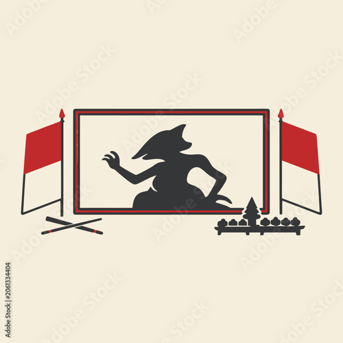 Indonesia Independence Day celebration with Wayang Kulit shadow puppet and national flags