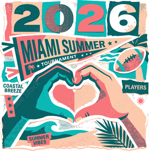 Retro Miami Summer Tournament 2026 Poster, Vintage Sports Collage with Heart Hands, Coastal Breeze Summer Vibes Vector Illustration