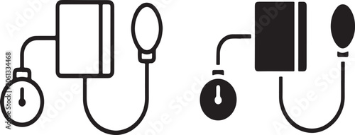 Vászonkép Sphygmomanometer blood pressure monitor vector icon set containing black line art and solid glyph style medical diagnostic apparatus symbols