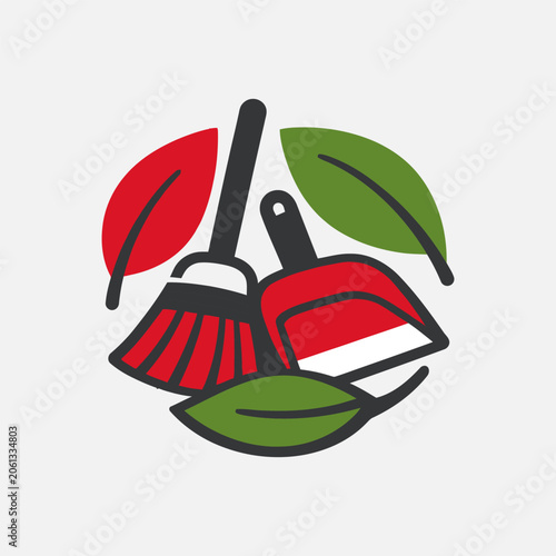 Broom and dustpan with leaves in a circular arrangement, symbolizing eco-friendly cleaning services