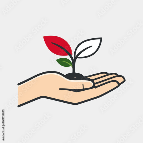Hand gently holding a growing plant with red and white leaves, symbolizing growth and new beginnings