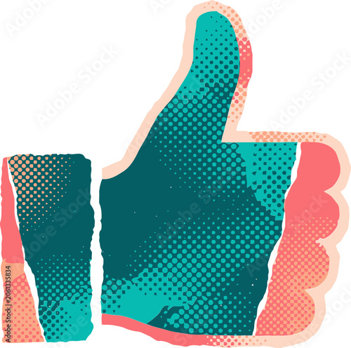 Retro halftone thumbs up icon, vintage pop art hand gesture vector, textured collage style social media like button for creative marketing