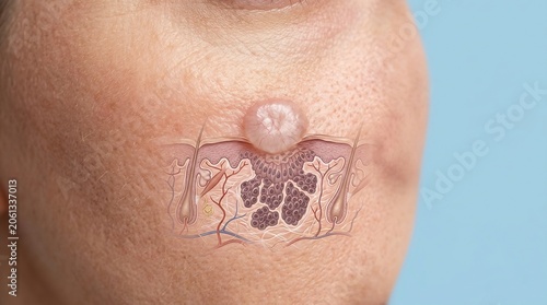 3D medical illustration of skin carcinoma showing a cutaneous nodule and dermal cross-section with abnormal cell growth