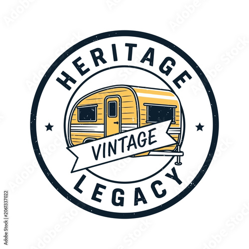 Heritage legacy vintage trailer logo with retro camper van seal.