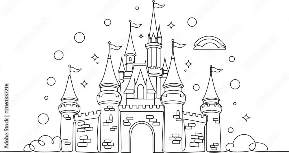 Fototapeta premium Magical fairytale castle continuous line art vector illustration with towers flags stars for coloring page design background