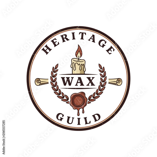 Foto Heritage Wax Guild vintage seal logo featuring a lit candle, quill pens, and a red wax seal