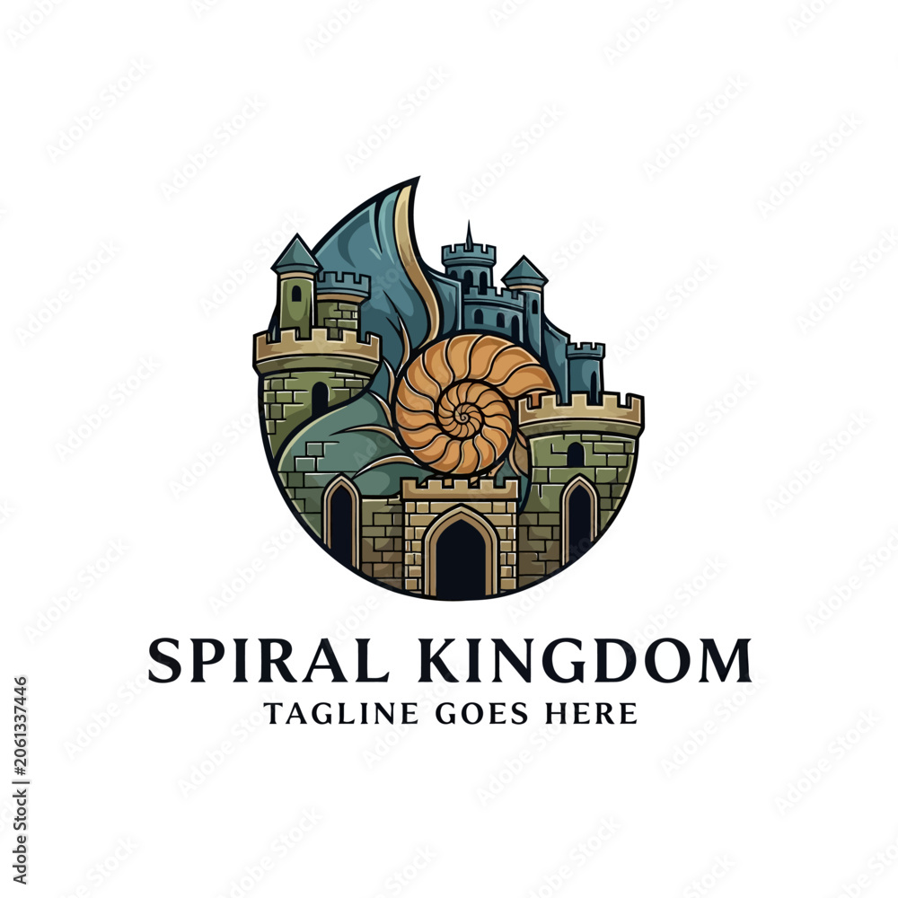 Naklejka premium Illustrative logo of a medieval castle integrated with a large nautilus spiral shell.