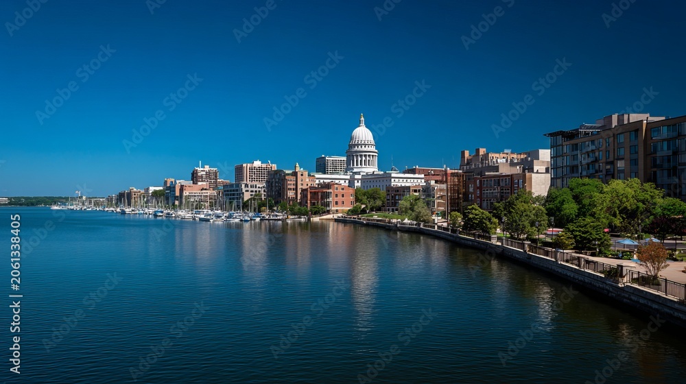 Fototapeta premium Panoramic city views of Madison, Wisconsin, USA with downtown skyline, Wisconsin State Capitol, Lake Mendota and Lake Monna shorelines, urban architecture, waterfront cityscape, aerial perspective, da