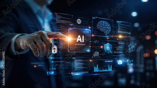 Artificial intelligence interface with human hand, glowing data screen, cybersecurity icons and digital network on dark background