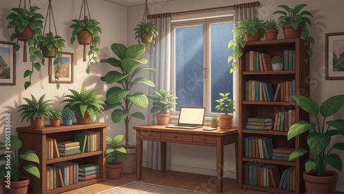 A cozy plant-filled study room at night with moonlight, soft animation illustration