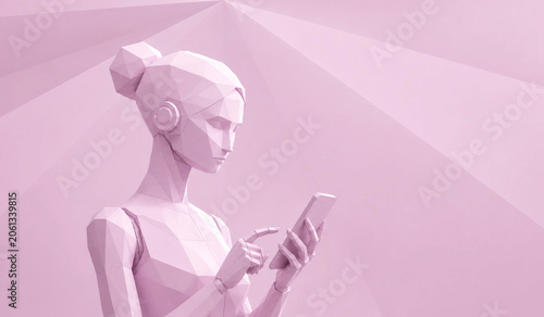 woman in pink dress, Female robot using smartphone in low poly style on pink background, artificial intelligence concept with humanoid cyborg looking at mobile phone, technology background