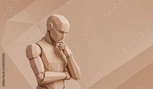 Fotografie Thinking robot in low poly style pondering on beige background, artificial intel