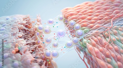 3D medical illustration of cellular tissue regeneration and healing process with microscopic cells bridging a gap