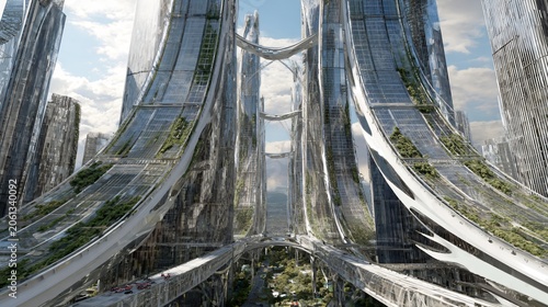 Advanced Eco-Friendly Futuristic City with Greenery on Skyscrapers and Interconnecting Sky Bridges, Sustainable Urban Design Concept