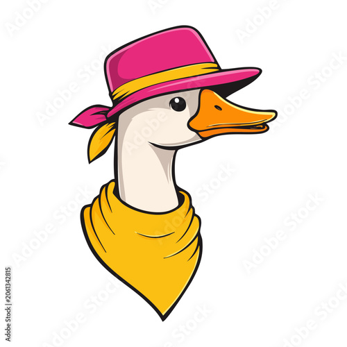 Cartoon goose wearing a pink hat and yellow bandana