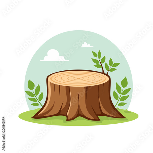 Cartoon Tree Stump with Leaves and Sky Background