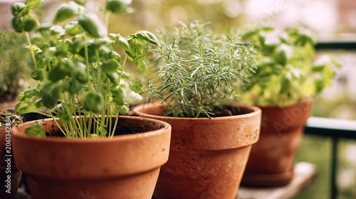 Close up of fresh green basil and rosemary growing in traditional terracotta pots on a sunny balcony, organic home gardening concept for culinary and wellness.