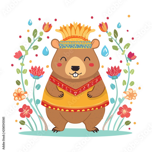 Cute cartoon bear in traditional outfit with flowers