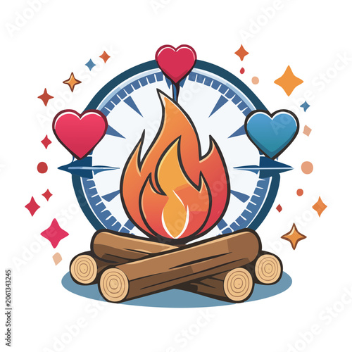 Flat Design Campfire with Hearts and Clock Illustration
