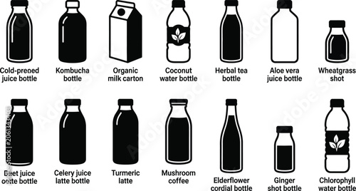 Collection of 15 minimalist bottles and cartons for juices, teas, and health drinks juice bottle cold-pressed juice