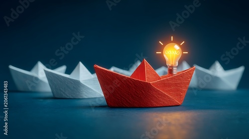Red paper boat carrying glowing light bulb standing out among white paper ships representing unique leadership vision and innovative thinking in competitive business market