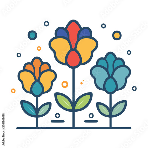 Stylized flat design flowers with leaves and dots
