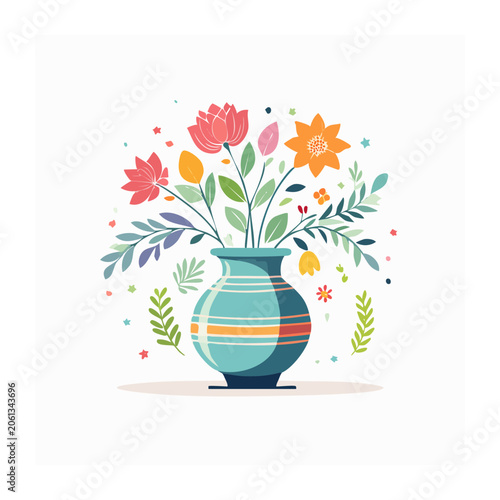 Terracotta pot with flowers and butterflies illustration