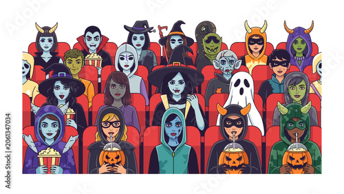Принти на полотні Halloween Movie Night Spectacle: A diverse crowd of ghouls, witches, and monsters gather in a cinema, fully immersed in the spooky thrill of a Halloween movie screening