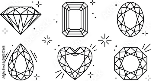 Photos Luxury diamond and precious gemstone line art doodles set featuring brilliant em