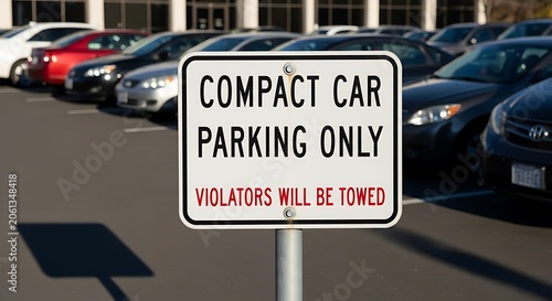 Compact car parking sign with vehicles in lot.