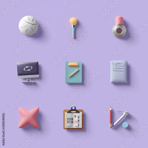 Fotografia Collection of Various Miniature Objects on a Purple Surface.