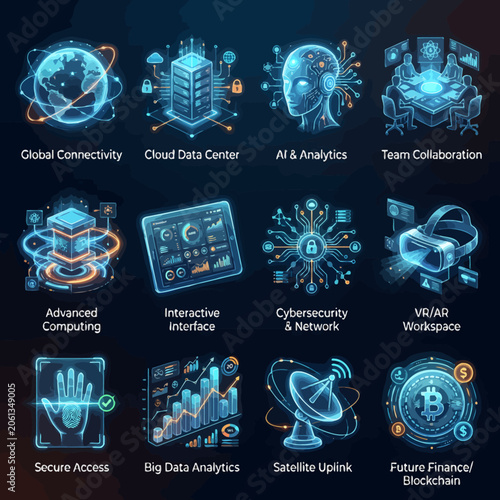 Futuristic Digital Icons Representing Global Connectivity and Advanced Technology.
