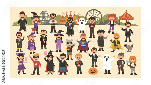 Fotografía Halloween Carnival of Characters: A whimsical collection of cartoon children and adults dressed in various Halloween costumes, gathered at a vibrant carnival with rides and attractions