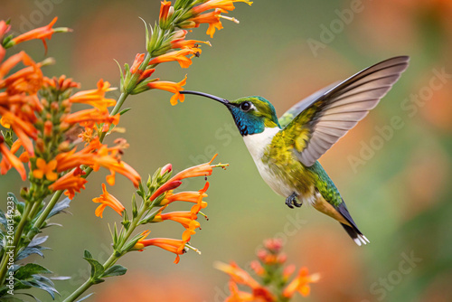 Fotografie Iridescent hummingbird hovering by orange flowers.
