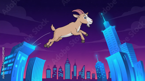 Cartoon goat jumping over futuristic city skyscrapers at night representing freedom and ambition in an urban landscape