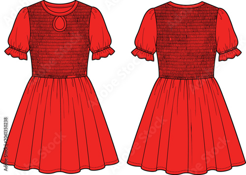 Tableau sur toile Women red dress fashion technical sketch featuring smocked bodice keyhole front